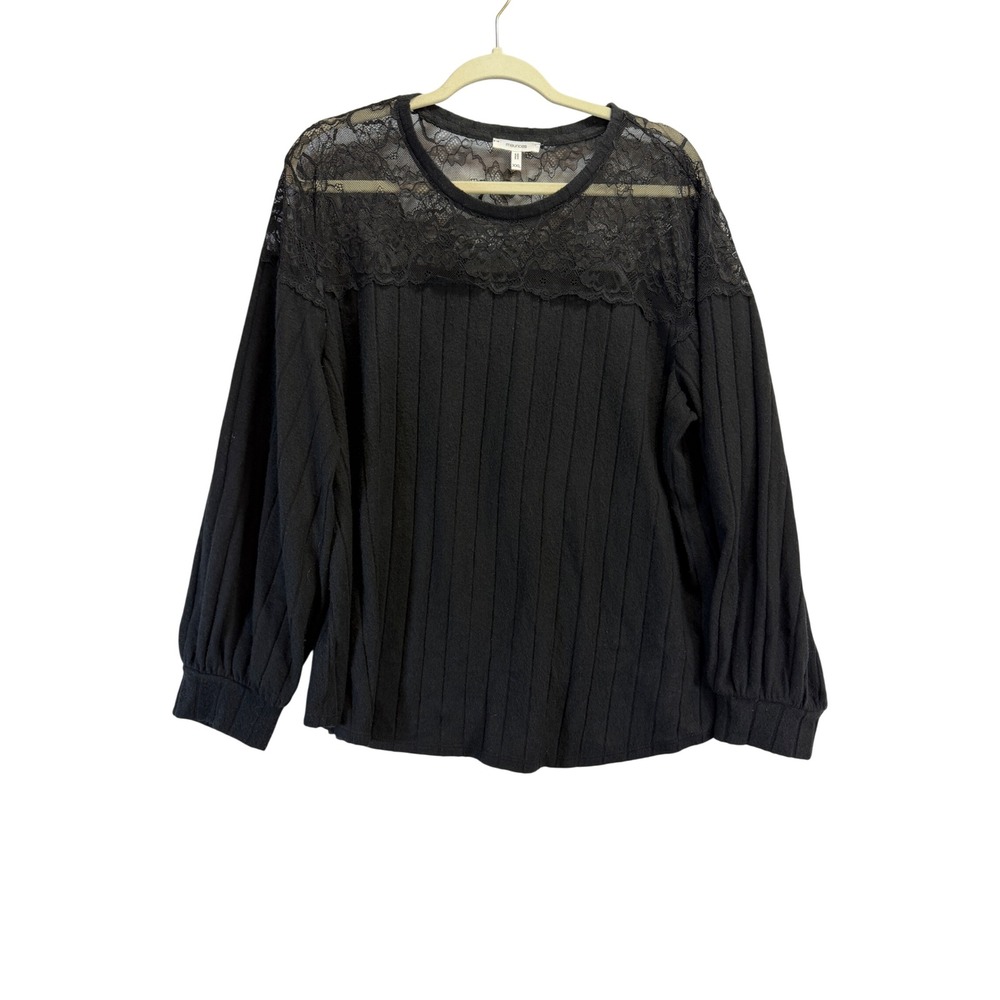 Maurices Womens XXL Black Ribbed Knit Top Sheer Floral Lace Yoke Long Sleeve